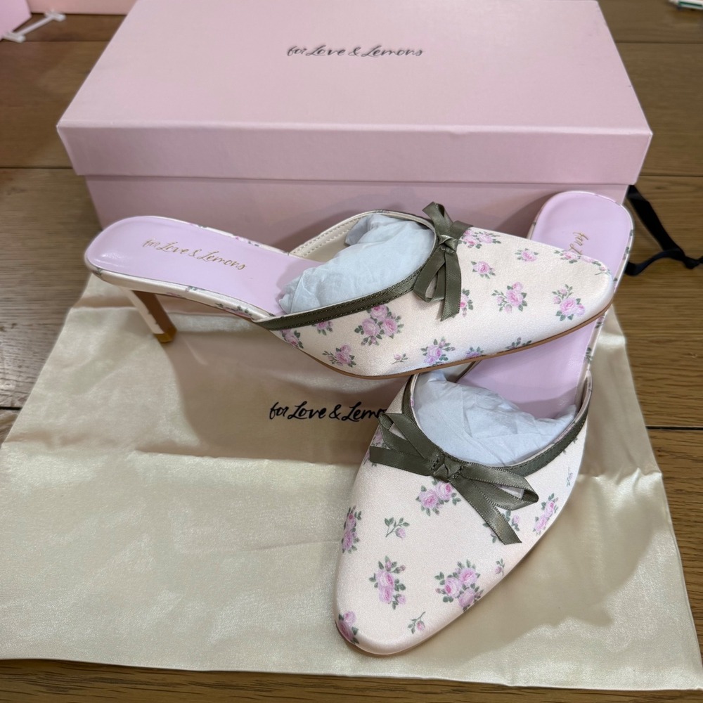 For Love & Lemons Chateau Mule Heels Pink Floral Satin Bow Pointed Toe 37 US 7